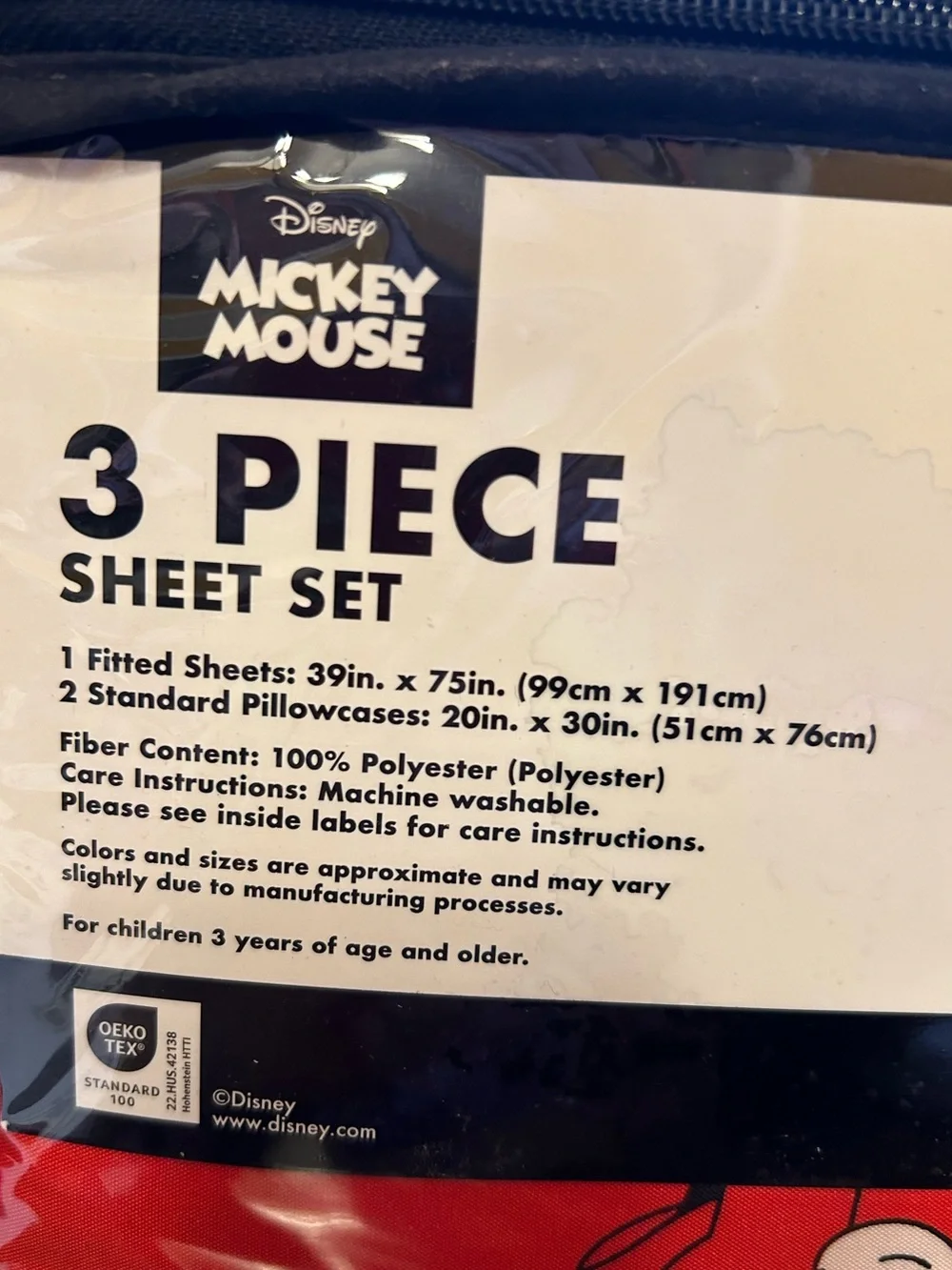 Disney Mickey Mouse 3 Piece Twin Sheet Set With Fitted Sheet & 2 Pillowcases NWT